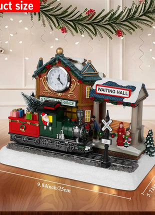 Scena animata del villaggio di Natale con treno e orologio in movimento Luci a LED Musica e stazione ferroviaria Decorazione per interni per edifici natalizi - riparo82
