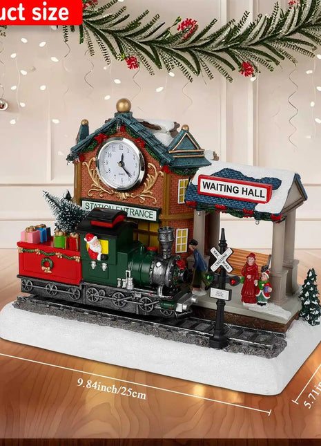 Scena animata del villaggio di Natale con treno e orologio in movimento Luci a LED Musica e stazione ferroviaria Decorazione per interni per edifici natalizi - riparo82