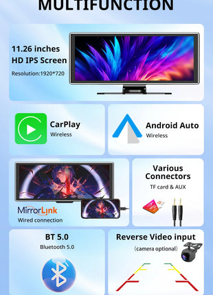 11.26 inch IPS Touch Screen Multimedia Video Player Portable 4K DVR Wireless CarPlay/Android Auto Dual Lens Driving Recorder - Riparo82