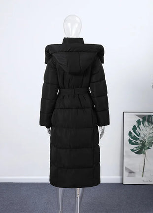 Cappotto lungo in cotone con cappuccio trapuntato imbottito da donna caldo Colletto alla coreana solido allentato Cappotti con cerniera con lacci 2025 Capispalla invernale da donna