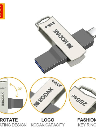KODAK USB3.2 tipo C Flash Drive 256GB 128GB 32GB Pendrive Dual Memory Stick ad alta velocità per Smartphone Laptop