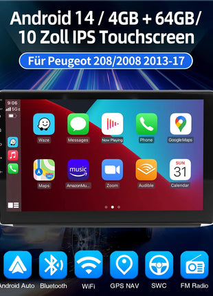 ESSGOO Android 14 For Peugeot 208 12-18 10"Display Car Stereo Radio GPS Navi Carplay Android Auto Wifi BT FM RDS Mirror Link SWC - Riparo82