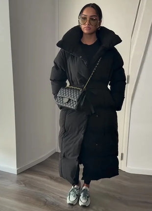 Cappotto lungo in cotone con cappuccio trapuntato imbottito da donna caldo Colletto alla coreana solido allentato Cappotti con cerniera con lacci 2025 Capispalla invernale da donna