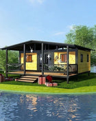 Rivestimento in legno Contenitore Casa Grandi finestre di vetro Cabina modulare prefabbricata Soggiorno all'aperto Casa Vacanza Casa Soggiorno in famiglia Prendisole