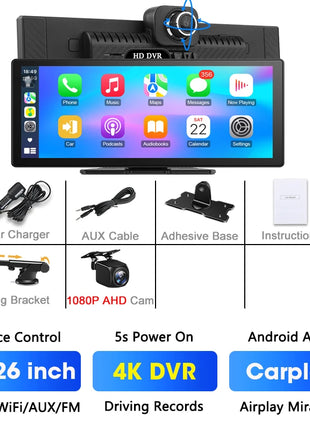 11.26 Inch 4K DVR Wireless CarPlay & Android Auto Dash Cam Bluetooth Audio GPS Navigation Dashboard Dual Lens Video Recorder - Riparo82