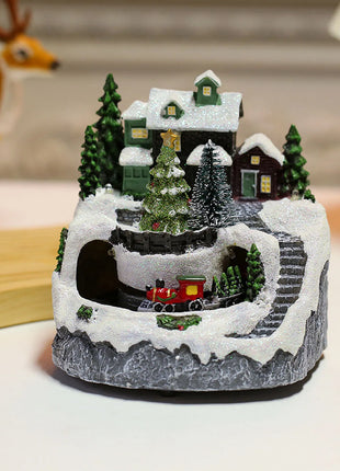 Figurine da collezione in resina Musica LED leggera Figurine di villaggio di Natale Statua rotante del villaggio per il regalo di decorazioni per la casa di Natale