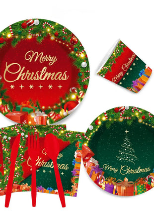 Set di stoviglie per feste di Natale da 10 pezzi, stoviglie usa e getta per albero di Natale, bicchieri di carta, piatti di carta, stoviglie natalizie all'ingrosso - riparo82