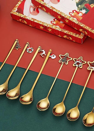 Cucchiaini da caffè e forchette per torte con decorazioni natalizie da 4 pezzi con ornamenti per bambole di Natale, set di posate in metallo dorato, forniture per feste - riparo82