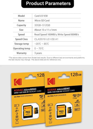 KODAK Micro Card Driving Recorder 128GB Micro SD Memory Card per telefono cellulare PC auricolare altoparlante HD Camera Game Switch
