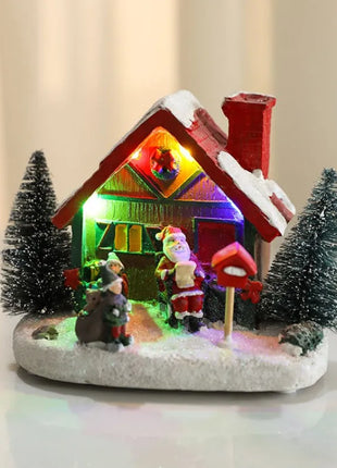 Winter Snow Christmas Village Building Santa House decorazione natalizia con Led Glow Desk Building Home Decor Holiday Ornament Gift