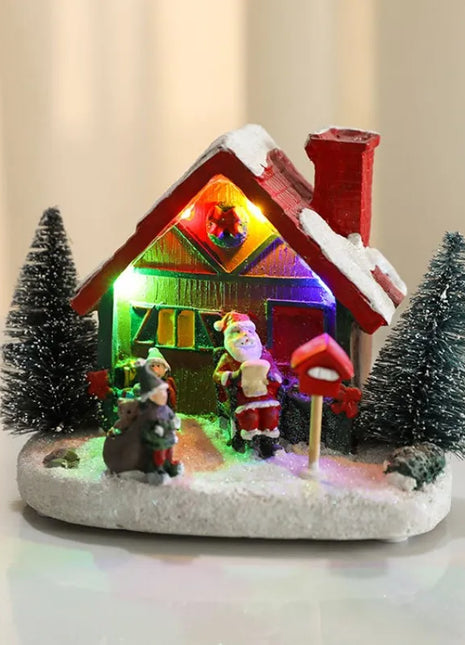 Winter Snow Christmas Village Building Santa House decorazione natalizia con Led Glow Desk Building Home Decor Holiday Ornament Gift