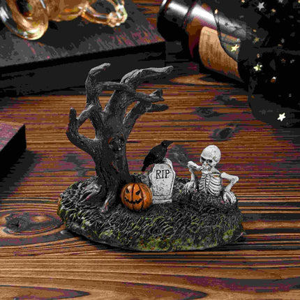 Halloween Figurines Tree Skull Pumpkin Crow Tombstone Figurine Resin Gothic Statue Ornaments Decor for Indoor Home Bookshelf