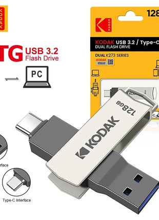 Kodak Type C Pendrive USB 3.2 Chiavetta USB in metallo 128 GB 64 GB 32 GB 256 GB HDD 2 in 1 U-disk per chiavi Smartphone Laptop Desktop