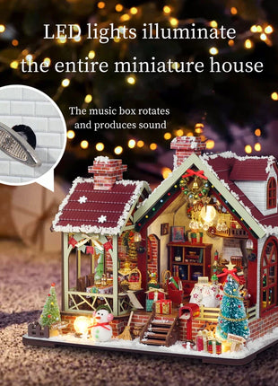 Fai da te in legno caldo Natale Lodge Casa Case delle bambole Kit modello in miniatura Casa delle bambole con mobili Luci a LED per regali di amici