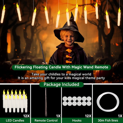 Halloween LED Floating Candles with Magic Wand Remote Battery Operated Potter Floating Candles Warm Light Home Party Decoration