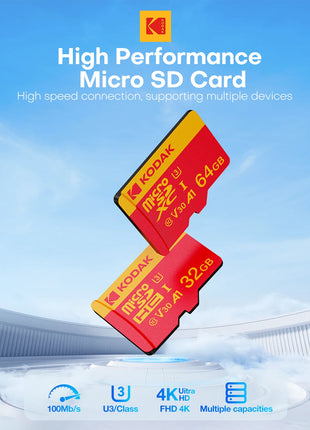 Scheda Micro SD Kodak V30 U3 C10 Scheda di memoria Flash da 32 GB 64 GB 128 GB 256 GB, velocità di lettura 100 MB/s, con adattatore, per fotocamera e telefono