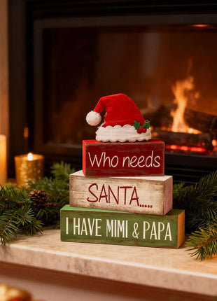 4 pezzi di cappello da Babbo Natale in legno, decorazioni da tavolo, vassoi a più livelli, decorazioni rustiche per il centro del tavolo di Natale con cartelli a blocchi, decorazioni natalizie - riparo82