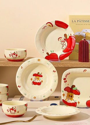 Set di stoviglie natalizie in ceramica, design simpatico cartone animato con mela, piatti da cena occidentali a tema festa, per piatti da dessert per torte, decorazioni per la casa - riparo82