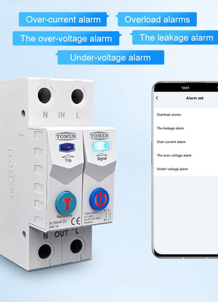 TOMZN TUYA 1-63A 1P 2P WIFI Smart Switch Energy Meter Circuit Breaker voltage current leakage temperature protection cut off L+N - Riparo82