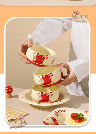 Set di stoviglie natalizie in ceramica, design simpatico cartone animato con mela, piatti da cena occidentali a tema festa, per piatti da dessert per torte, decorazioni per la casa - riparo82