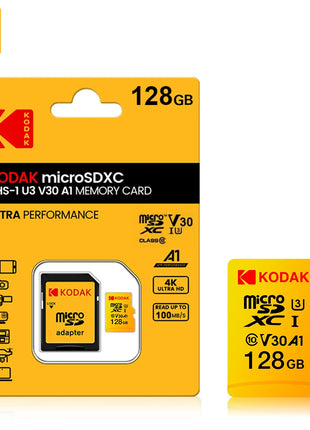 Scheda Micro SD KODAK Scheda di memoria da 256 GB FINO a 100 MB/s C10 U3 32 GB 64 GB 128 GB Scheda TF 4K HD per adattatore lettore di schede USB Microsd