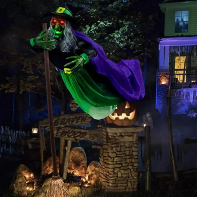 Halloween Props Hovering Witch Lights Prop Fun Costumes Flying Scary Witch Broom Wizard Decor for Garden Yard Lawn Indoor