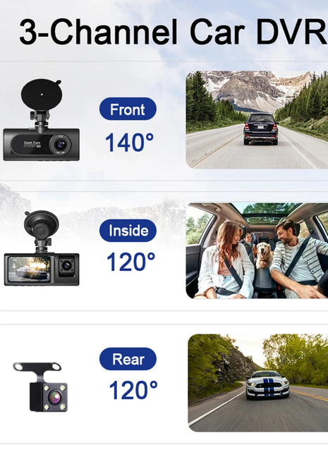 3 Channel Dash Cam for Cars Camera HD 1080P 3-Lens Vehicle Video Recorder Black Box Dual Lens Inside Car DVR Rear View Camera - Riparo82
