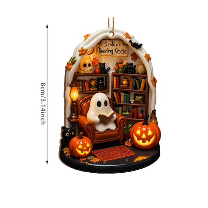 Halloween 2D Flat Acrylic Hanging Decor Creative Cute Reading Ghost Hangs Exquisite Car Pendants Decor for Holiday Gift
