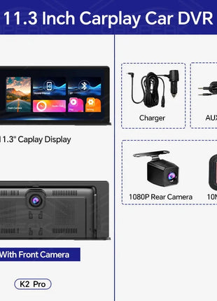 11.3" Dash Cam 4K Car Mirror Wireless Carplay Android Auto Multimedia Player GPS WiFi Universal Black Box Rearview Camera AUX BT - Riparo82