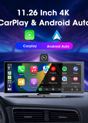 11.26 inch Dash Cam Car DVR 4K Camera Wireless Carplay Android Auto Touch Screen Dual Len Video Recorder Dashboard BT FM AUX GPS - Riparo82