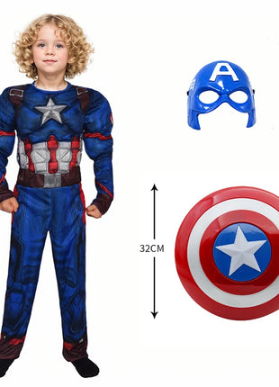 Costume da tuta muscolare Capitan America Costume da supereroe Maschera cosplay Tuta Scudo Costume da festa di carnevale di Halloween per bambini