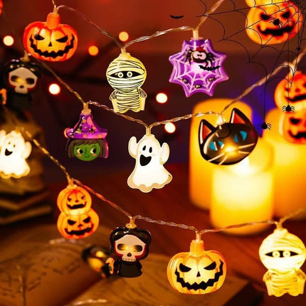 1PC Halloween 10 LED Battery Powered String Lights With Ghost Witch Cat Pumpkin Spider Web Skeleton Mummy Pirate Shape Indoor