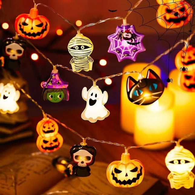 1PC Halloween 10 LED Battery Powered String Lights With Ghost Witch Cat Pumpkin Spider Web Skeleton Mummy Pirate Shape Indoor