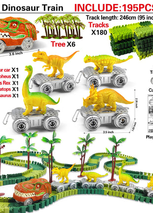 I giocattoli del treno dei dinosauri creano un set da gioco flessibile da corsa su strada del mondo dei dinosauri, auto da corsa dei giocattoli dei dinosauri per le ragazze dei vecchi