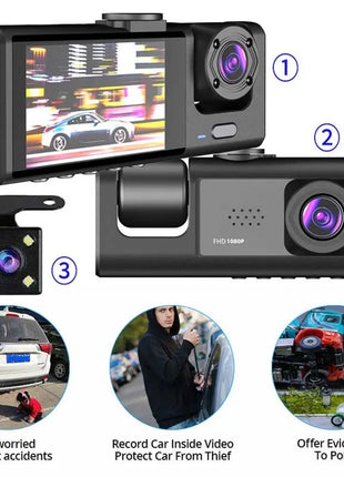 Dash Cam W/ IR Night Vision Loop Recording & 2" IPS Screen 1080P 3 Camera ， DVR recorder, video recorder, Vehicle DVR - Riparo82