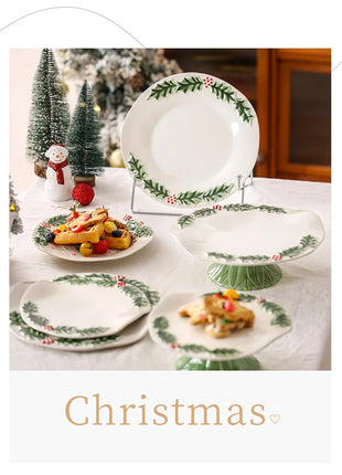 Piatto da pranzo in ceramica in rilievo Piatti da dessert per torte in stile natalizio per la casa Stoviglie da cucina di alta qualità Vassoio da frutta per festival - riparo82