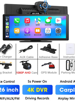 11.26 Inch 4K DVR Wireless CarPlay & Android Auto Dash Cam Bluetooth Audio GPS Navigation Dashboard Dual Lens Video Recorder - Riparo82