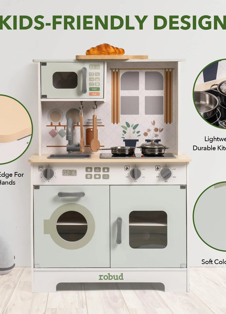 Robotime Robud Play Kitchen Set da cucina in legno Set da gioco con luci e suoni Regalo per ragazze e ragazzi dai 3 anni in su Verde chiaro - riparo82