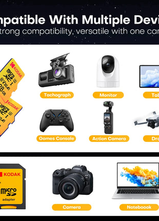 Scheda Micro SD KODAK Scheda di memoria da 256 GB FINO a 100 MB/s C10 U3 32 GB 64 GB 128 GB Scheda TF 4K HD per adattatore lettore di schede USB Microsd