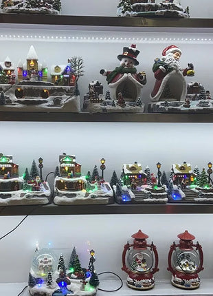 Ornamento per la casa di Natale illuminato a LED, arredamento del villaggio europeo con design musicale e fiocco di neve, decorazione da tavolo delle fiabe invernali