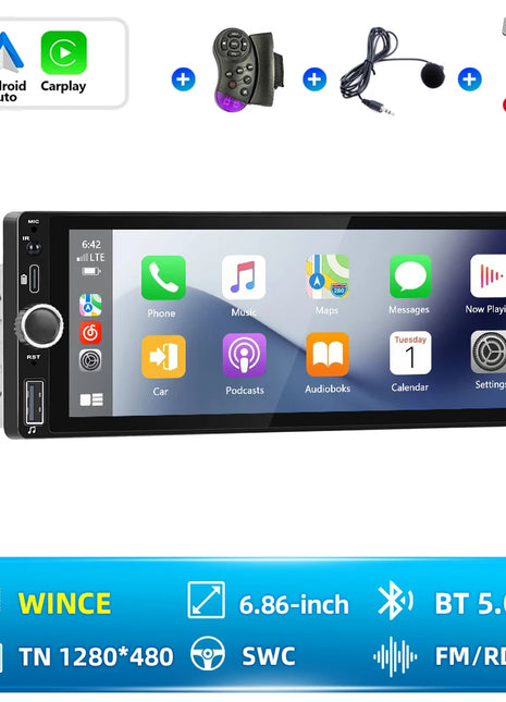 Hikity 2+64G Carplay Android 1din Car Radio Android Auto Stereo 6.86" GPS Navigation Player support FM WiFi USB Rear Camera - Riparo82