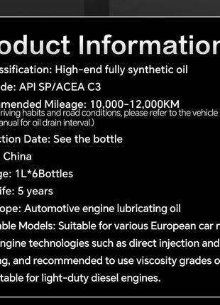 Lopal SONIC 9388 5W-40 C3 SP 1L * 6 Bottiglie Olio Motore Auto Protezione Avanzata 6L Lubrificante Olio Motore Sintetico Completo per Auto