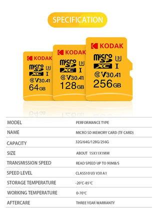 3 pezzi Kodak SD Card 128GB SD/TF Flash Card Mini schede SD con adattatore SD gratuito Scheda di memoria Flash Class10 V30 U3 per fotocamera portatile
