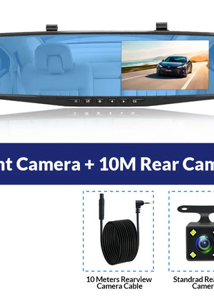 Dash Cam 4.3 inch "mini rear-view mirror digital dashcam, front and rear dual cameras IPS Front and Rear Camera Registrar Black - Riparo82