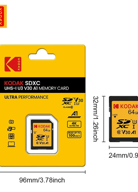 Scheda SD KODAK per fotocamera Scheda di memoria C10 ad alta velocità da 100 MB/s 32 GB 64 GB 128 GB 256 GB SDXC A1 U3 V30 UHS-I scard per 4K HD SLR DV