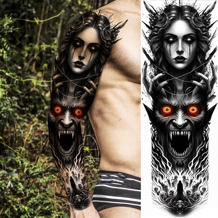 1 Sheet Full Arm Evil Witch Vampire Temporary Tattoos Sleeve Halloween Scary Skull Tatoo Waterproof Horrible Fake Tattoo Sticker