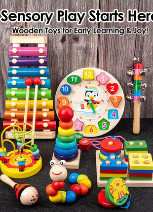 Giocattoli per bambini Montessori Set musicale in legno 9 in 1: Xilofono Sonaglio Tamburo Campana Puzzle 3D Regali di apprendimento sensoriale per 0-12 mesi 1-3 - riparo82