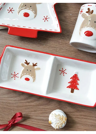 Set di stoviglie natalizie in ceramica dipinta a mano Simpatico piatto da bistecca natalizio Piatto piatto sottosmalto in rilievo - riparo82