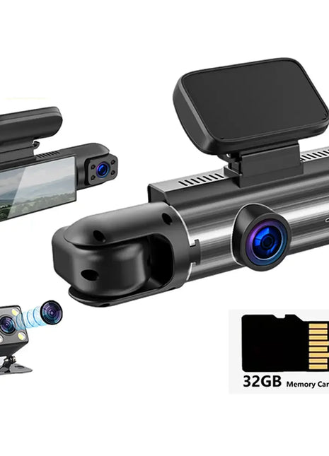 Dash Cam 3.16 Inch 3 Lens Dash Cam, Front Built-in Rear Camera, G Sensor HD Night Vision Wide Angle Car DVR, With 32GB SD Card - Riparo82