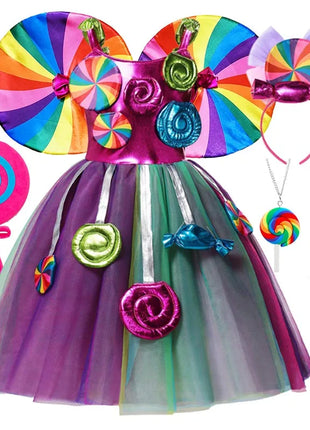Costume da lecca-lecca arcobaleno per ragazze Abito da principessa Purim Festival Candy Vestido Fantasia Carnevale Compleanno Bambini Fantasia Ali Outfit